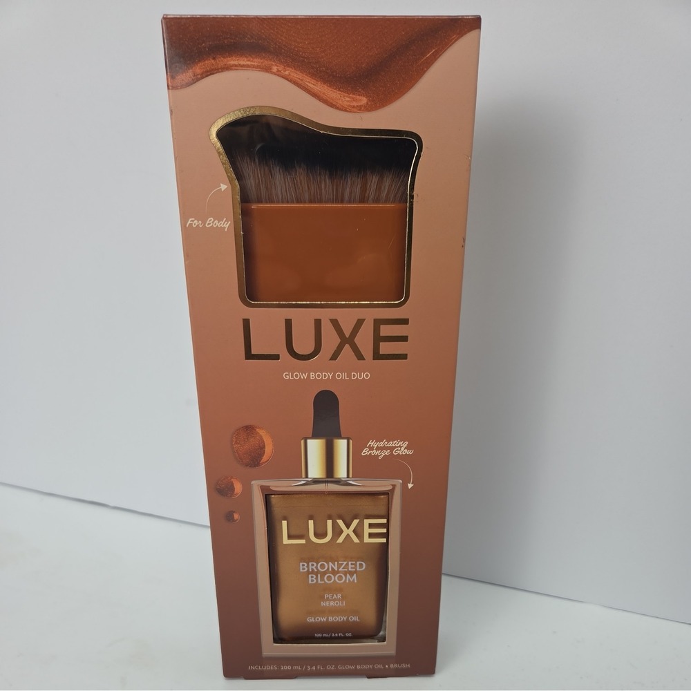 LUXE Bronzed Bloom Glow Body Oil Duo Pear Neroli with Brush 3.4 fl oz